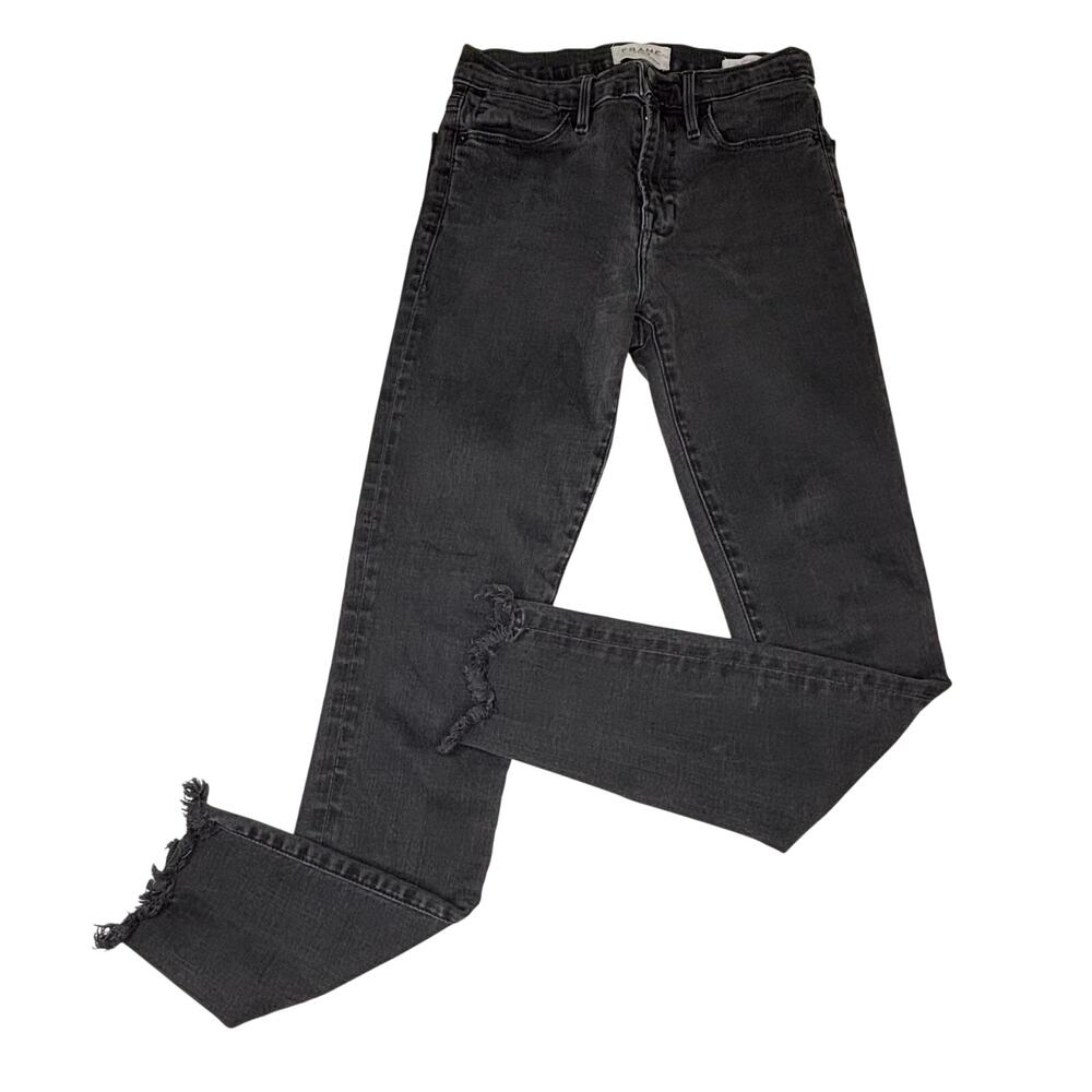 Frame Denim Le High Skinny Black Raw Cuff Distressed Jeans 26